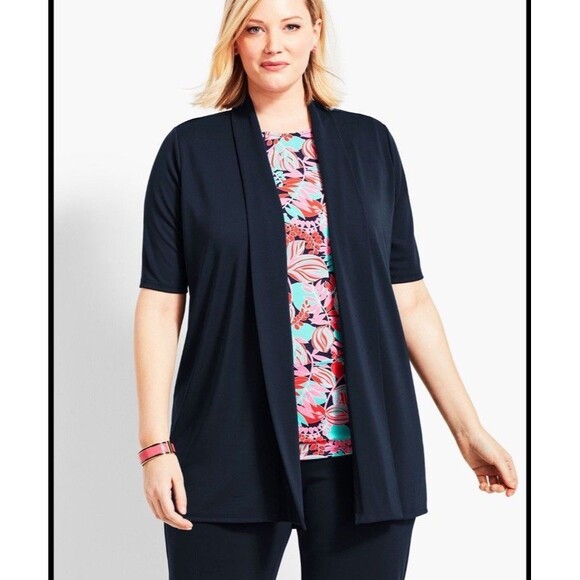 Talbots Elbow-sleeve Flyaway Knit Jersey Open Front Cardigan Navy Blue 1X 220 - Picture 1 of 8
